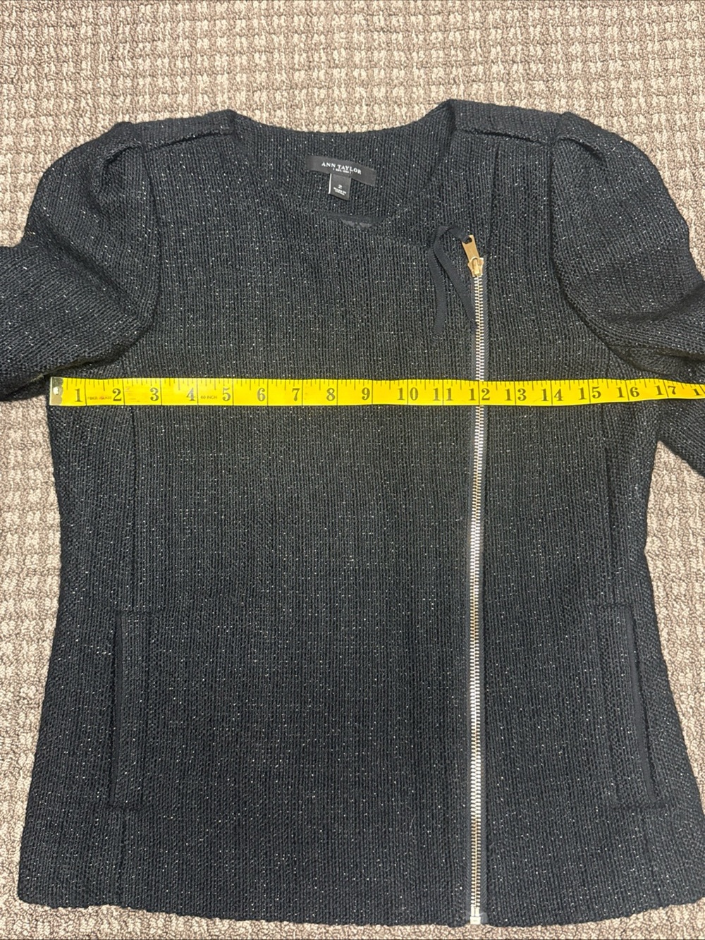 Ann Taylor Black Tweed with Gold Specks cropped Zip-Front Jacket Sz 2 - Picture 3 of 7